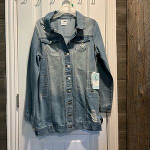 Long distressed denim jacket